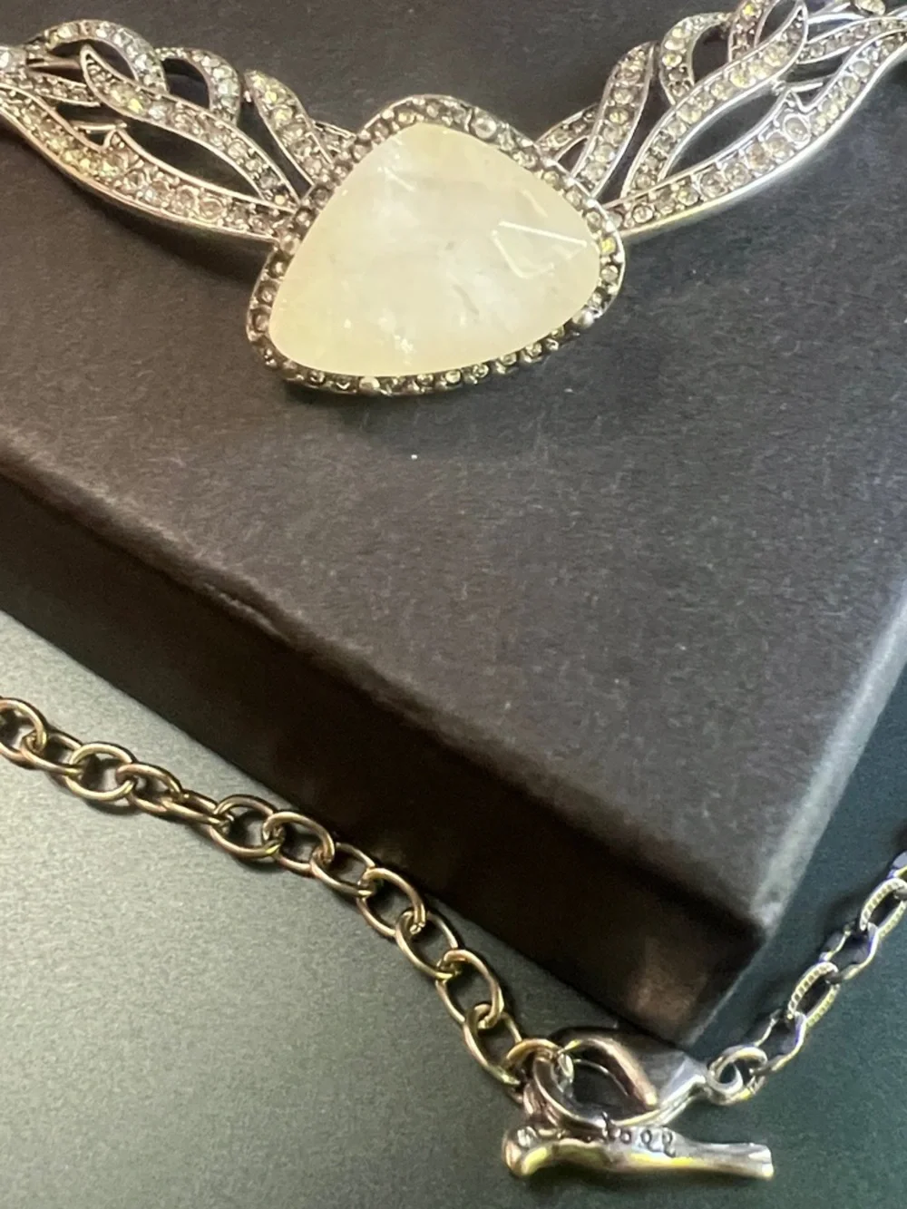 Crystal owl Wing Necklace with White Center Stone pave stones